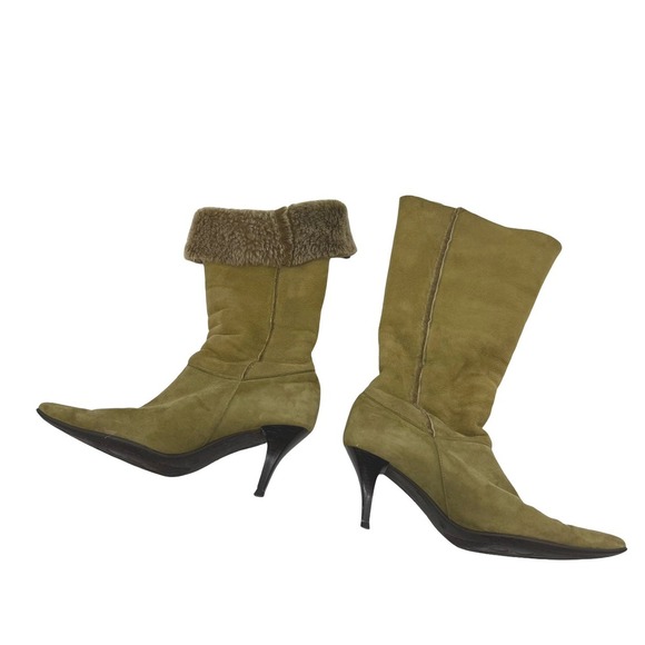 Pedro Miralles Sport Olive Suede Fur Trimmed Knee High Boots Size 40 US 9 Witchy - Picture 2 of 9